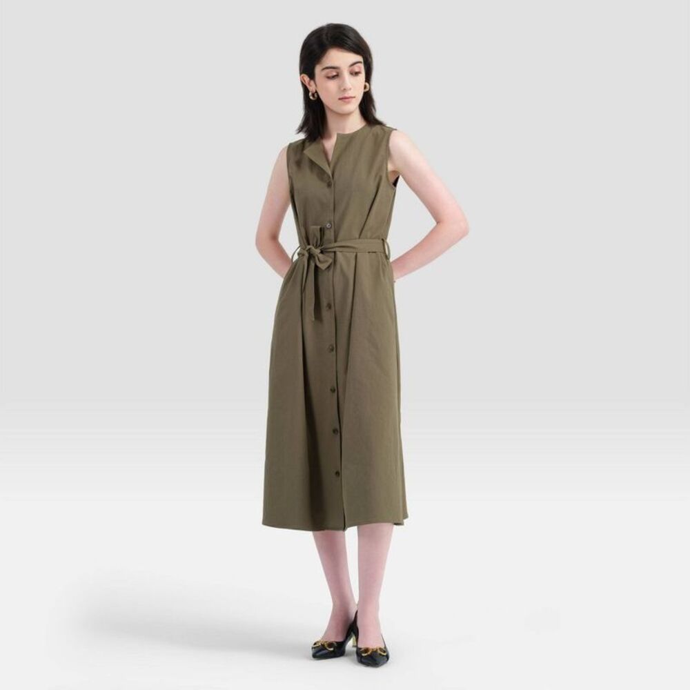 Women's Lapel Belted Midi Dress - A New Day Olive Green S